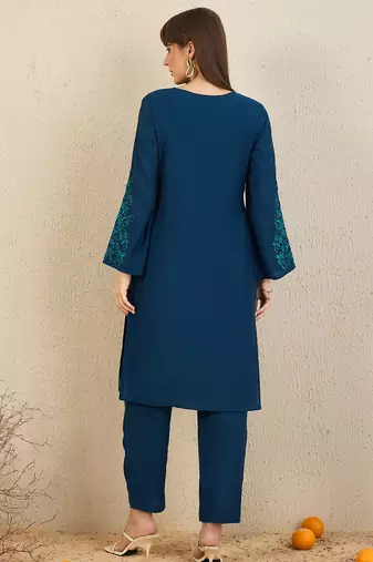 Teal embroidered silk kurta trouser set