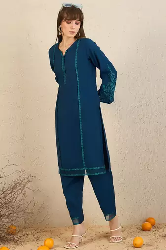 Teal embroidered silk kurta trouser set