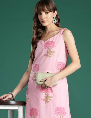 Pink printed pure cotton kurta trouser set 1