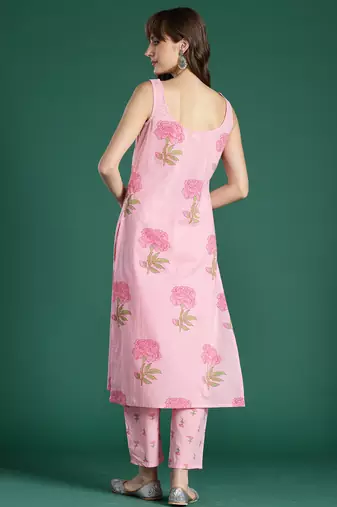Pink printed pure cotton kurta trouser set