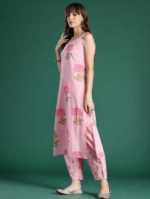 Pink printed pure cotton kurta trouser set 3