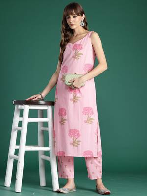 Pink printed pure cotton kurta trouser set 4
