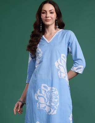 Blue printed pure cotton kurta trouser set 1