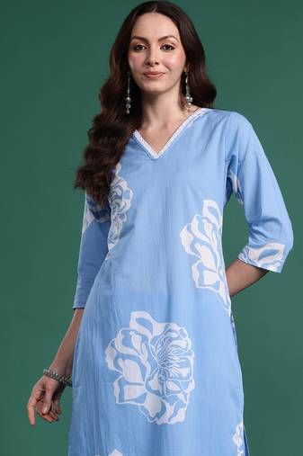 Blue printed pure cotton kurta trouser set