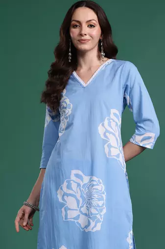 Blue printed pure cotton kurta trouser set