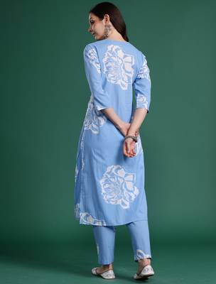 Blue printed pure cotton kurta trouser set 2