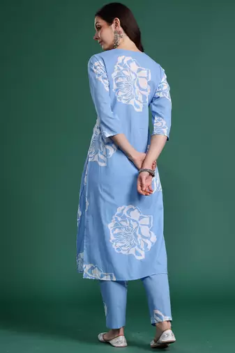 Blue printed pure cotton kurta trouser set