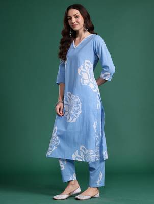 Blue printed pure cotton kurta trouser set 3