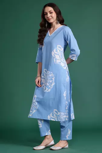 Blue printed pure cotton kurta trouser set