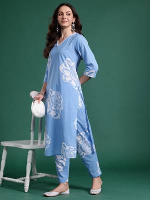 Blue printed pure cotton kurta trouser set 4