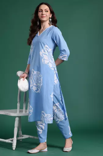 Blue printed pure cotton kurta trouser set