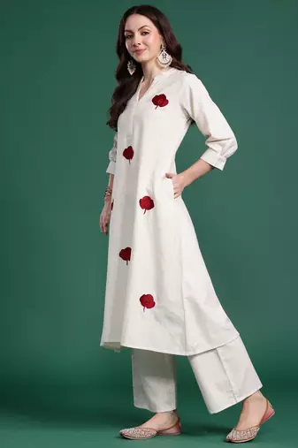 White embroidered pure cotton kurta trouser set