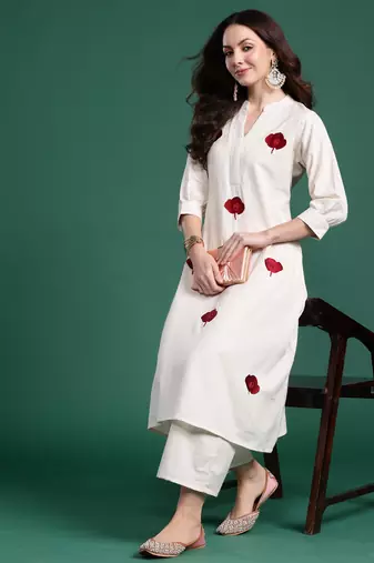 White embroidered pure cotton kurta trouser set