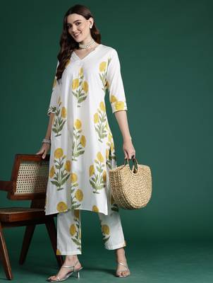White printed pure cotton kurta trouser set 1