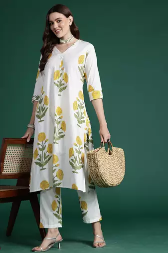 White printed pure cotton kurta trouser set