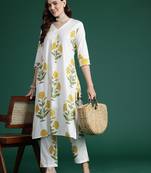 White printed pure cotton kurta trouser set