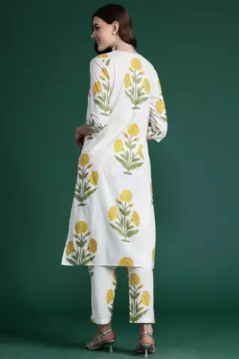 White printed pure cotton kurta trouser set