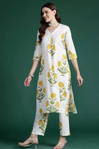 White printed pure cotton kurta trouser set