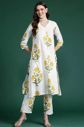 White printed pure cotton kurta trouser set
