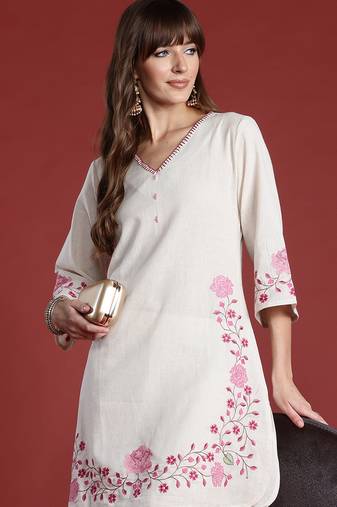 Off white embroidered pure cotton kurta trouser set