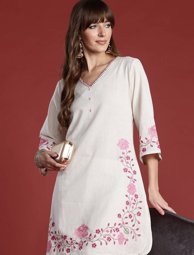 Off white embroidered pure cotton kurta trouser set