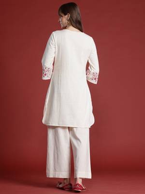 Off white embroidered pure cotton kurta trouser set 2
