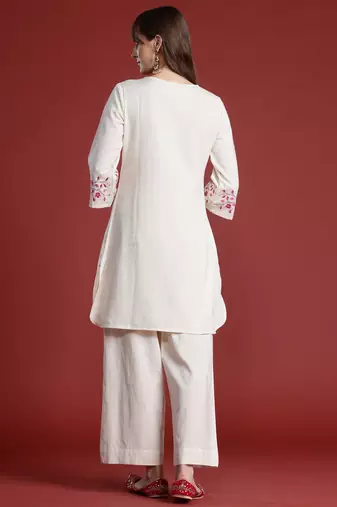 Off white embroidered pure cotton kurta trouser set