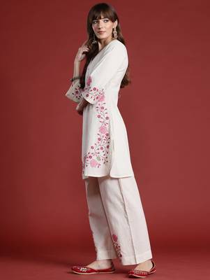 Off white embroidered pure cotton kurta trouser set 3