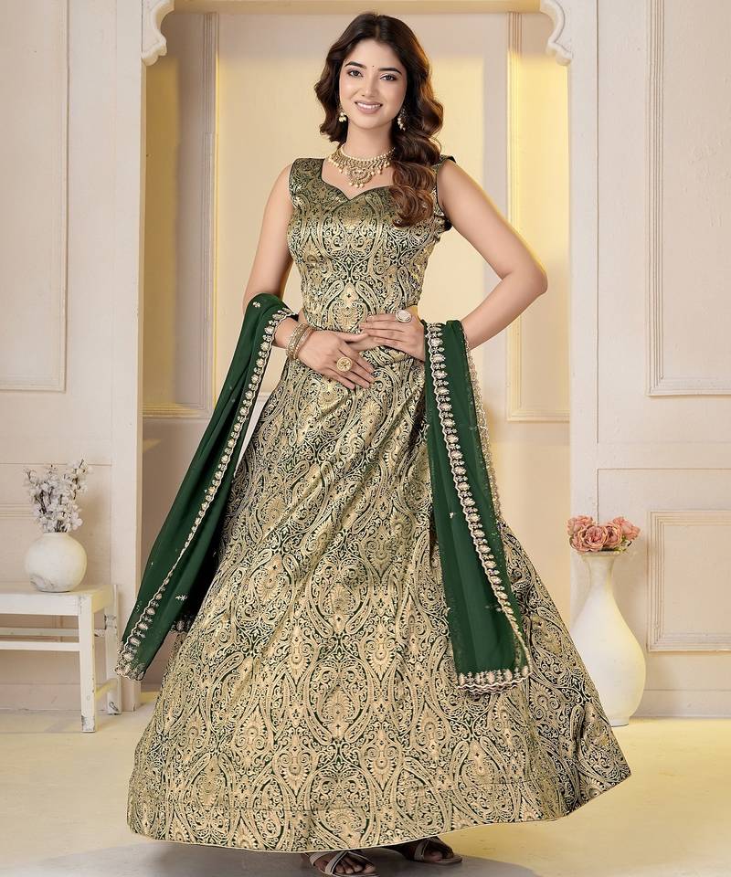 Green Brocade Zari Weaving lehenga choli set