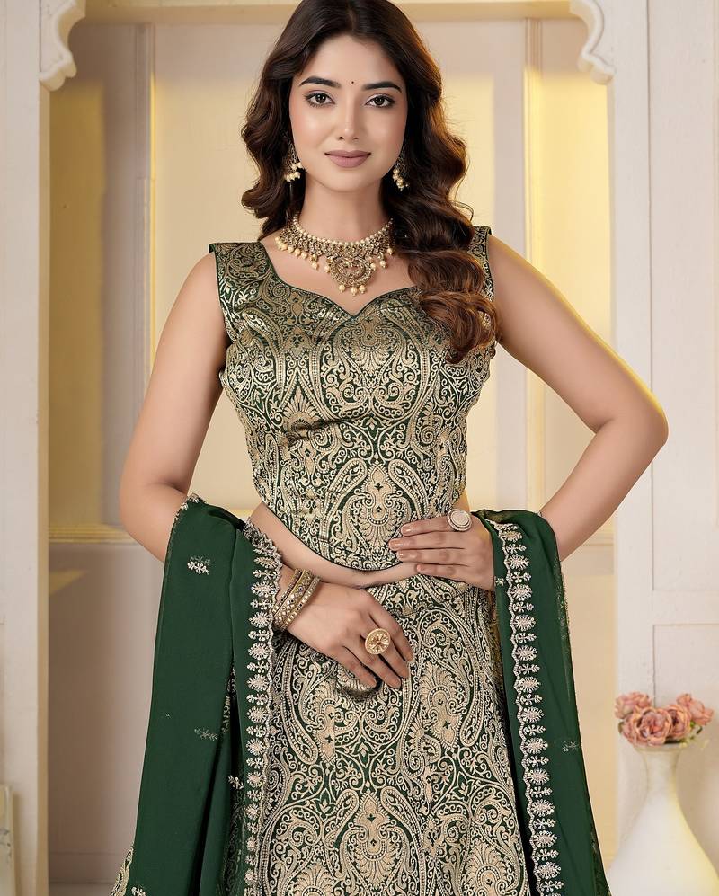 Green Brocade Zari Weaving lehenga choli set
