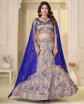 Royal Blue Brocade Zari Weaving lehenga choli set 1