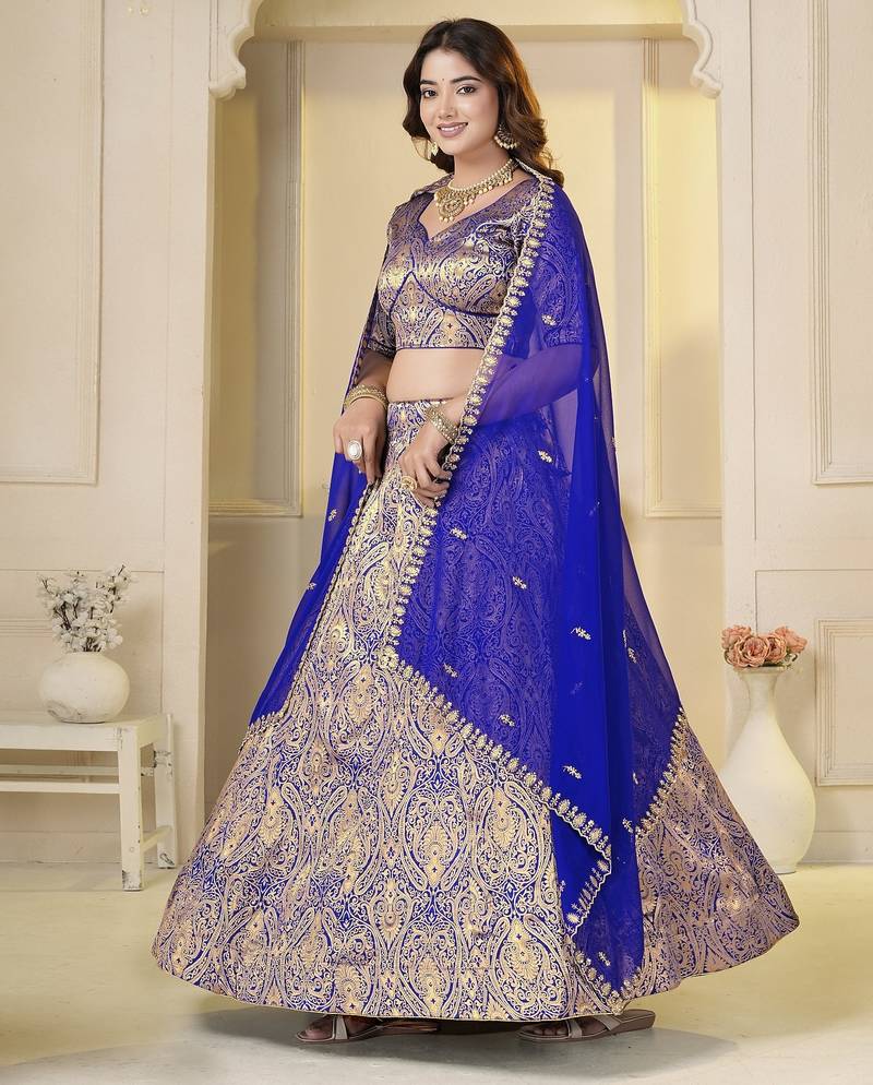Royal Blue Brocade Zari Weaving lehenga choli set
