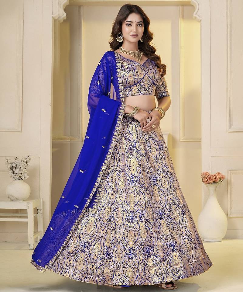 Royal Blue Brocade Zari Weaving lehenga choli set