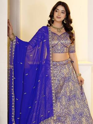 Royal Blue Brocade Zari Weaving lehenga choli set 4