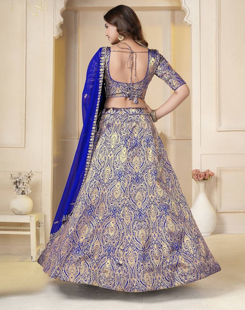 Royal Blue Brocade Zari Weaving lehenga choli set