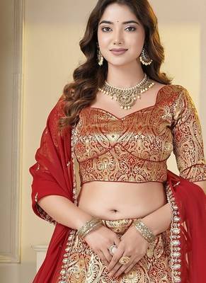 Red Brocade Zari Weaving lehenga choli set 1