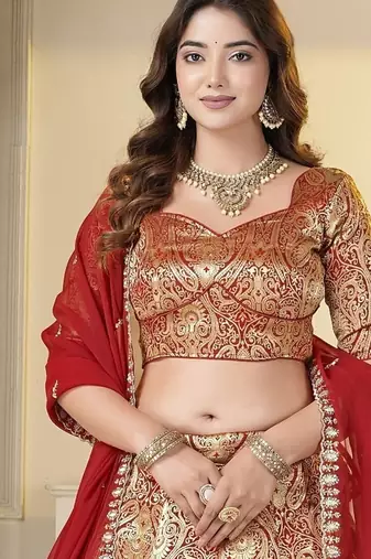 Red Brocade Zari Weaving lehenga choli set
