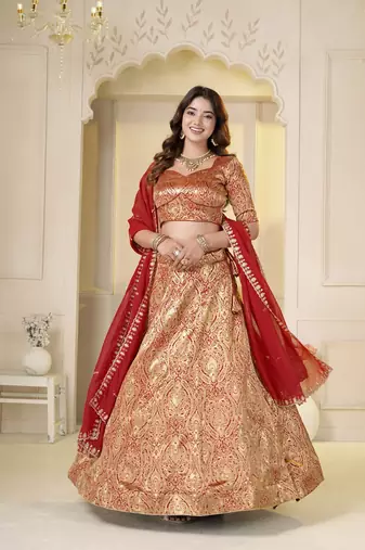 Red Brocade Zari Weaving lehenga choli set