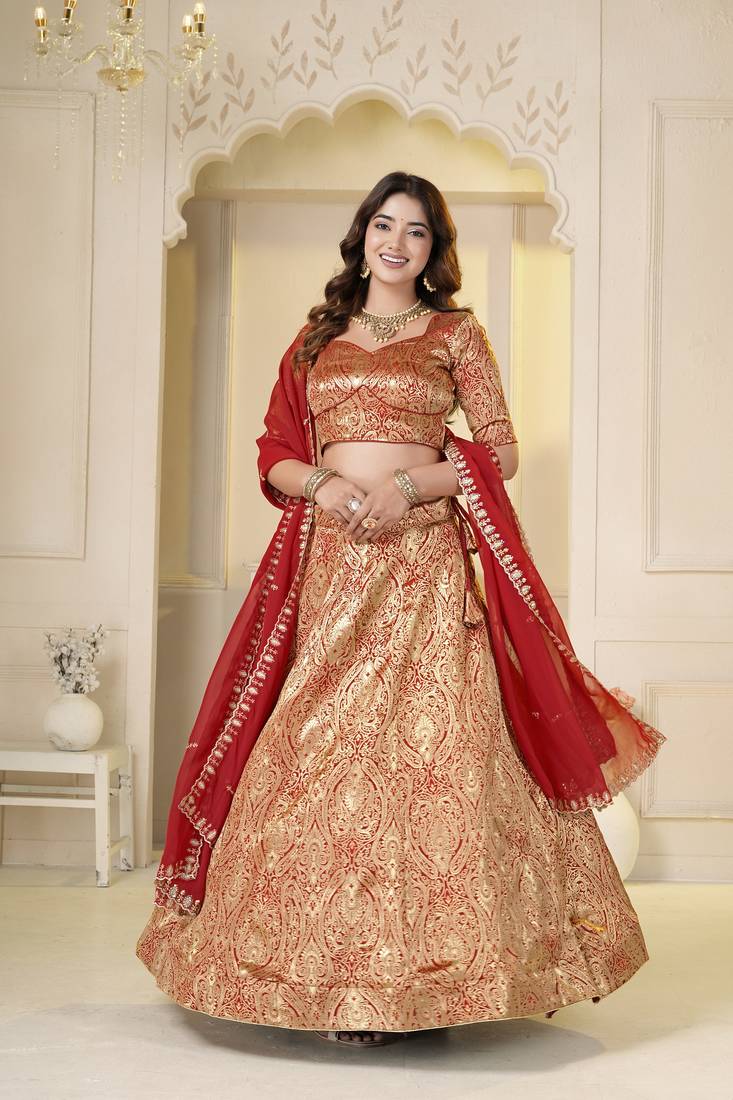 Red Brocade Zari Weaving lehenga choli set