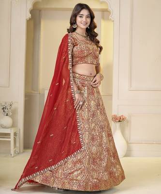 Red Brocade Zari Weaving lehenga choli set 3