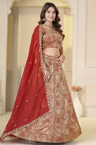 Red Brocade Zari Weaving lehenga choli set