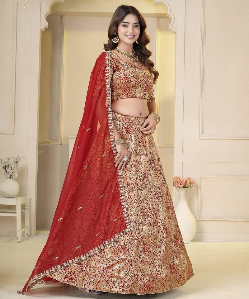 Red Brocade Zari Weaving lehenga choli set