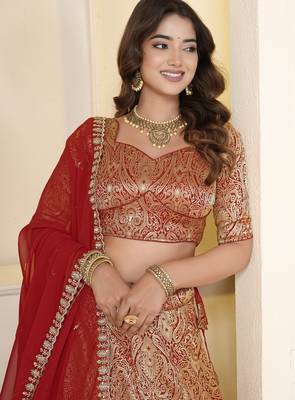 Red Brocade Zari Weaving lehenga choli set 4