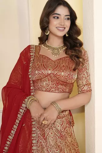 Red Brocade Zari Weaving lehenga choli set