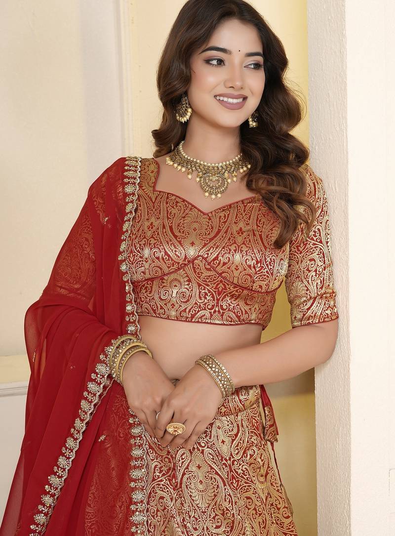 Red Brocade Zari Weaving lehenga choli set