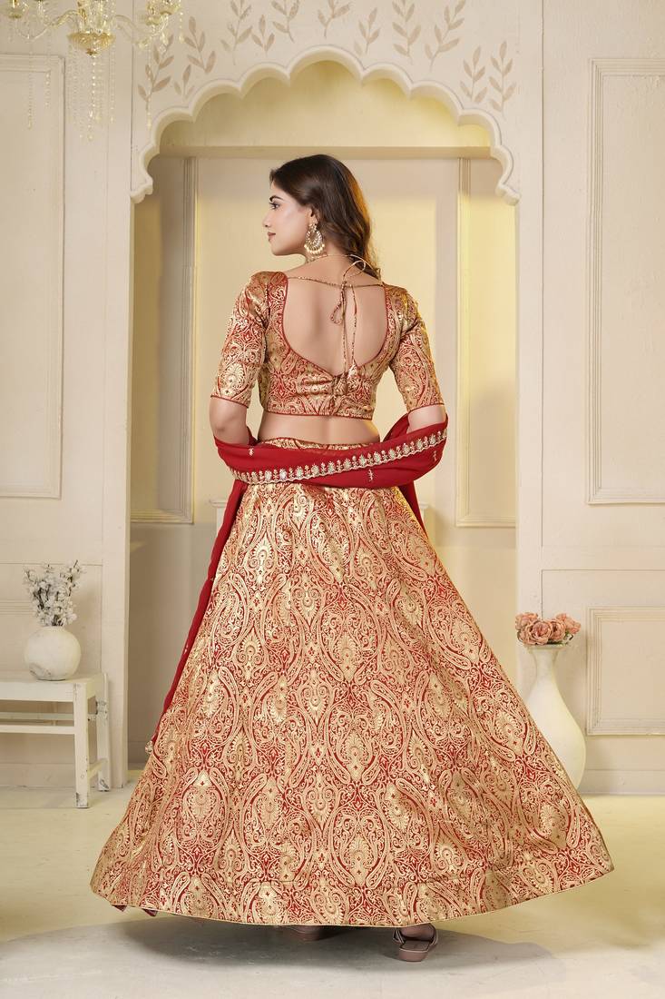 Red Brocade Zari Weaving lehenga choli set