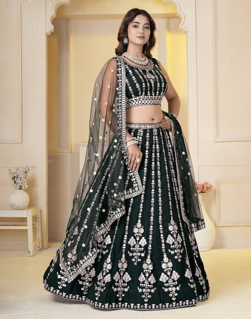 Green Georgette Embroidery, Sequins Work lehenga choli set