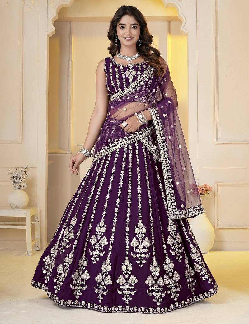 Wine Georgette Embroidery, Sequins Work lehenga choli set