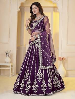 Wine Georgette Embroidery, Sequins Work lehenga choli set 3