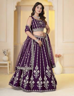 Wine Georgette Embroidery, Sequins Work lehenga choli set 4